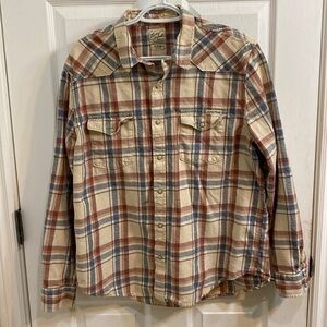 LUCKY BRAND JEANS COWBOY WESTERN SNAP UP SHIRT Men’s X Large Plaid Cream Red